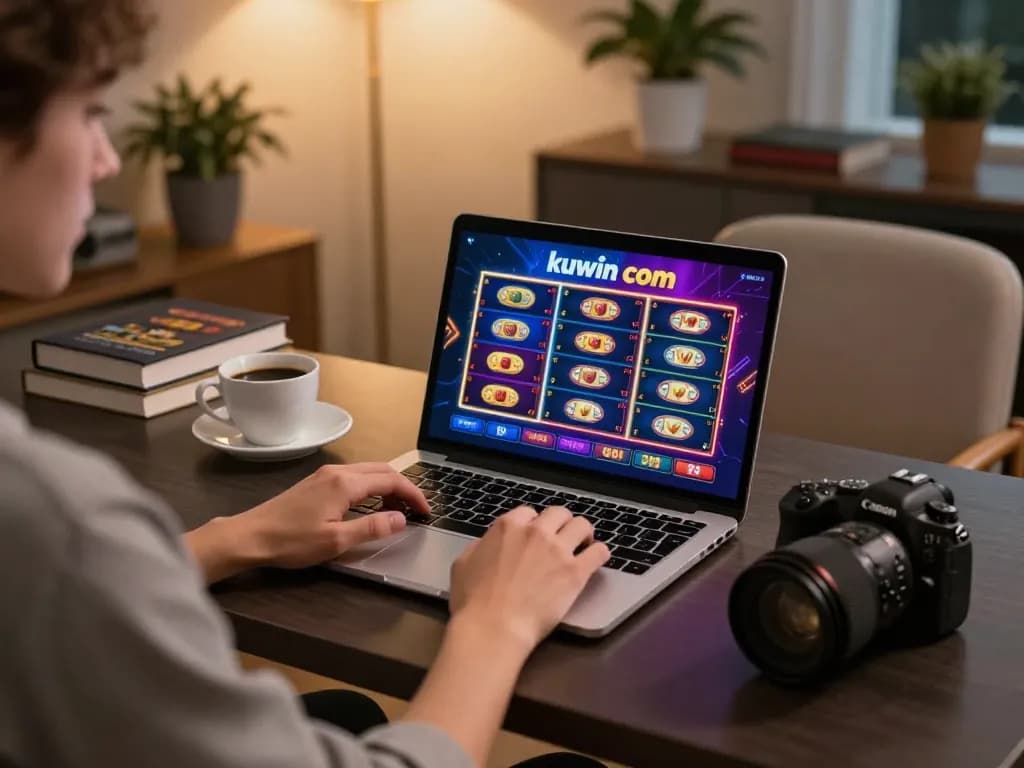 Person engaged in kuwin com online gaming experience using a laptop with slot games, cozy desk setup, warm lighting.