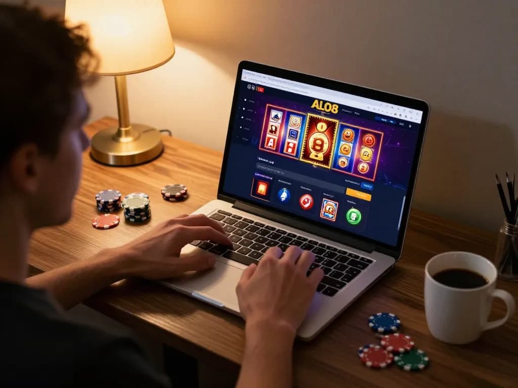 Engaging with the ALO8 gaming interface on a laptop while enjoying a cozy home setup