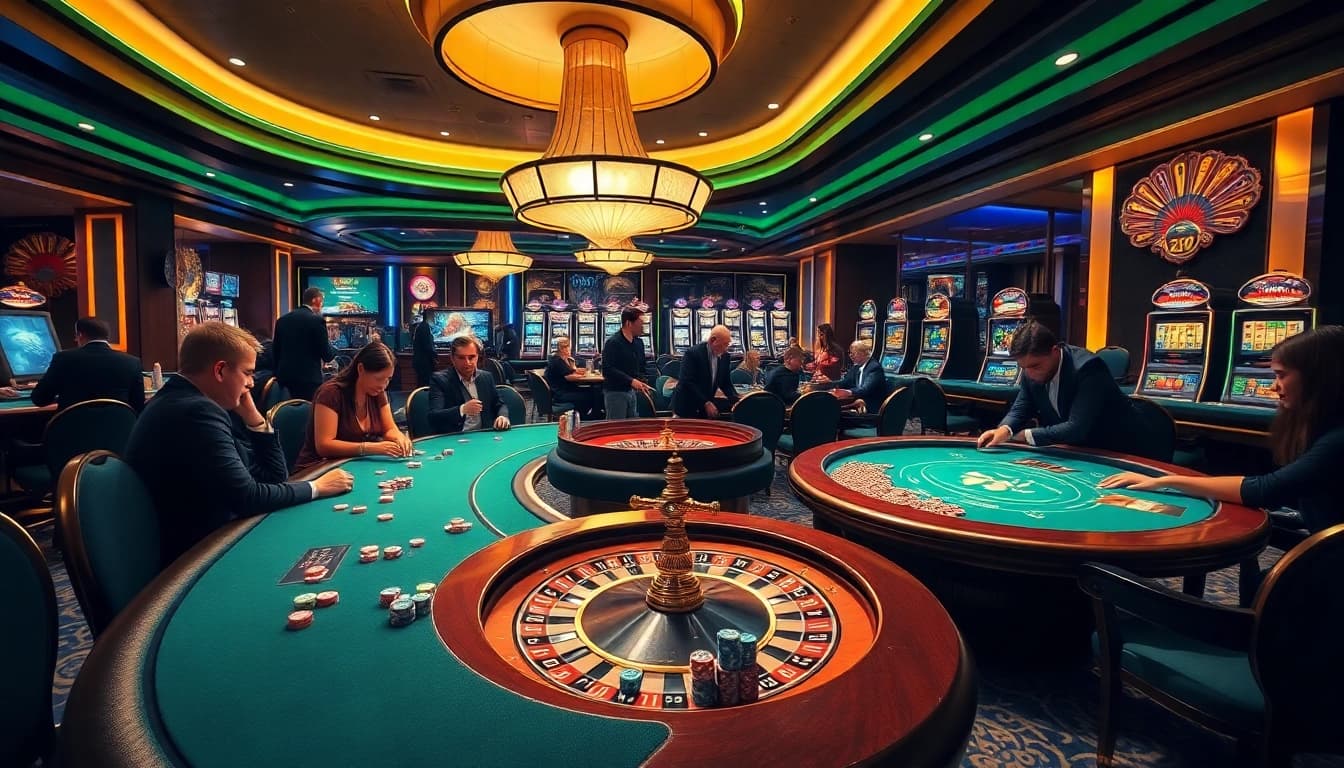 Exciting gaming action at 32WIN casino, featuring poker tables, roulette, and vibrant slot machines.
