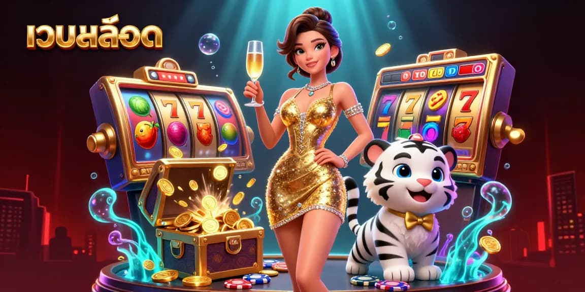 Experience the excitement of เว็บสล็อต with vibrant slot reels and glamorous characters in a thrilling casino scene.
