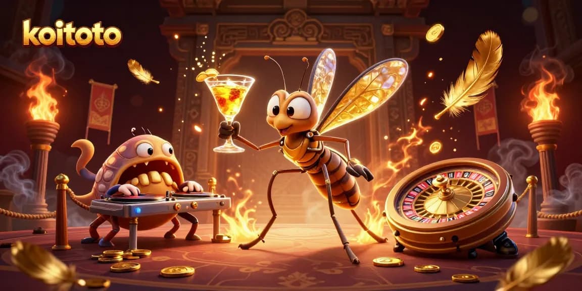 Koitoto invites players to enjoy a vibrant casino scene with a lively mosquito mascot, trilobite DJ, and golden roulette wheel.