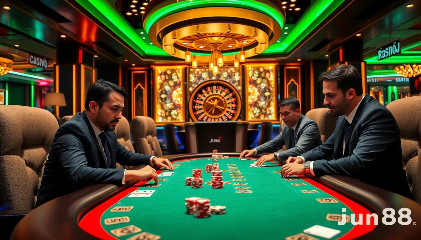 Jun88 players engaged in an intense poker game at a luxurious casino table, showcasing stakes and excitement.