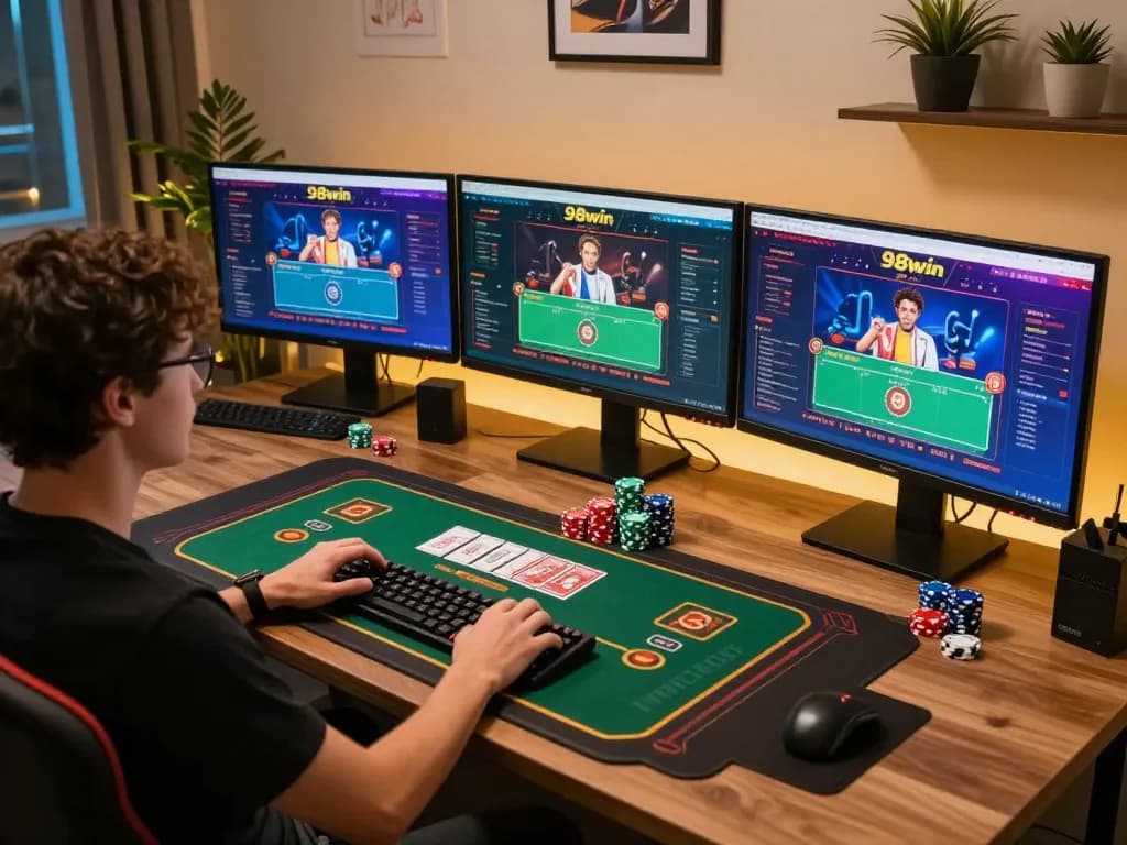 Engaged player exploring 98win casino games on a modern gaming setup.