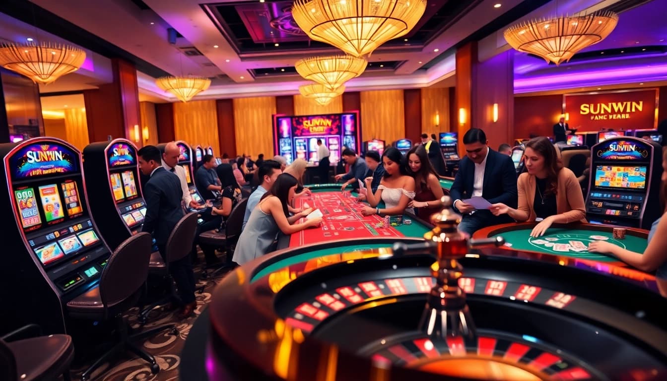 Experience the vibrant atmosphere of Sunwin casino with players enjoying thrilling games.
