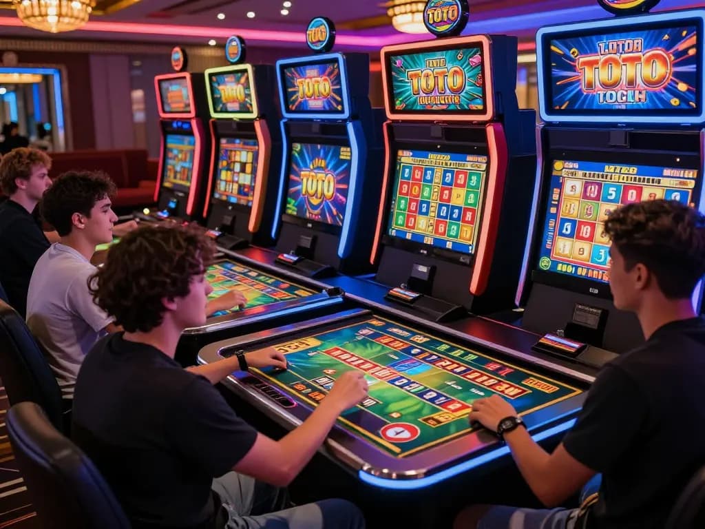Diverse group enjoying KDTOTO online gambling experience with vibrant gaming visuals