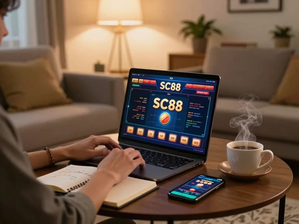 Engaging SC88 online gaming session at home with a player using a laptop