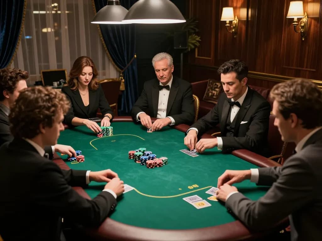 Engaging poker scene showcasing players strategizing with indoslot88 bonus 100% at a luxurious private gaming table.
