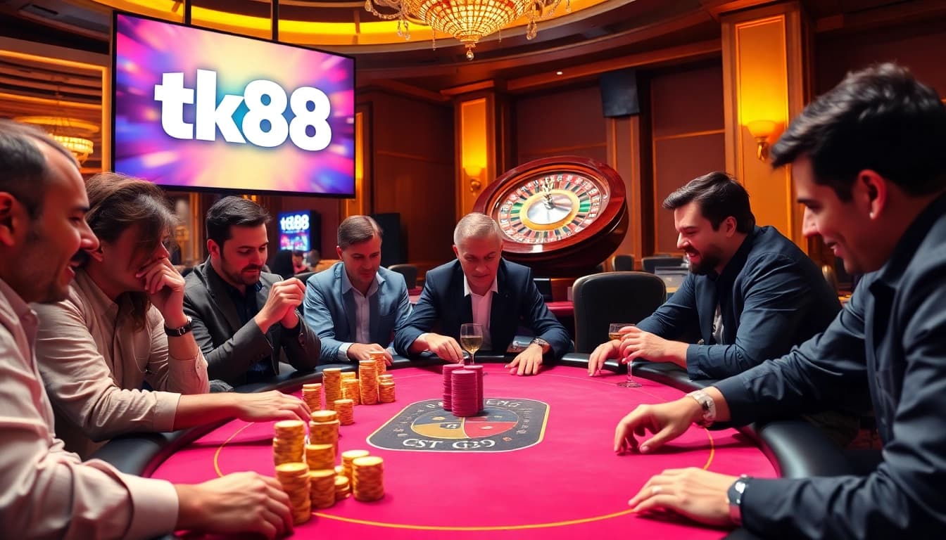 Players engaged in an intense poker game at tk88 casino, highlighting luxury and excitement.