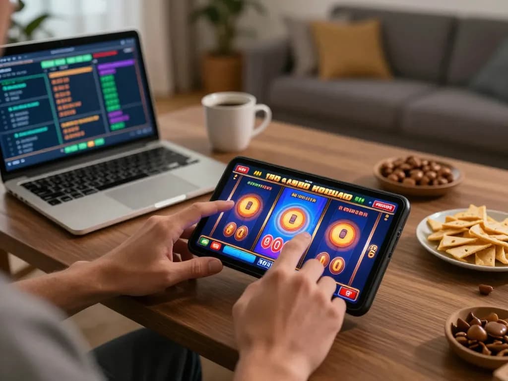 Nohu90 player engaging in online slot gaming on mobile device while enjoying a cozy home atmosphere