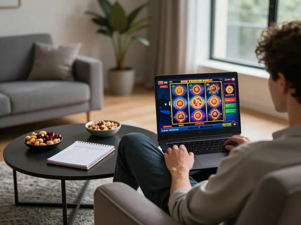 Pemain MPO1221 terlibat dalam permainan slot yang mendebarkan di laptop dengan grafis yang cerah.