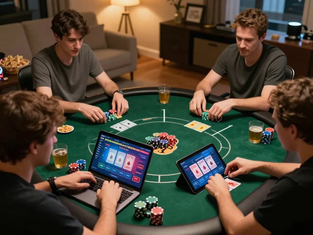 Barbanoglass players strategizing during an online poker game from home with laptops and snacks.