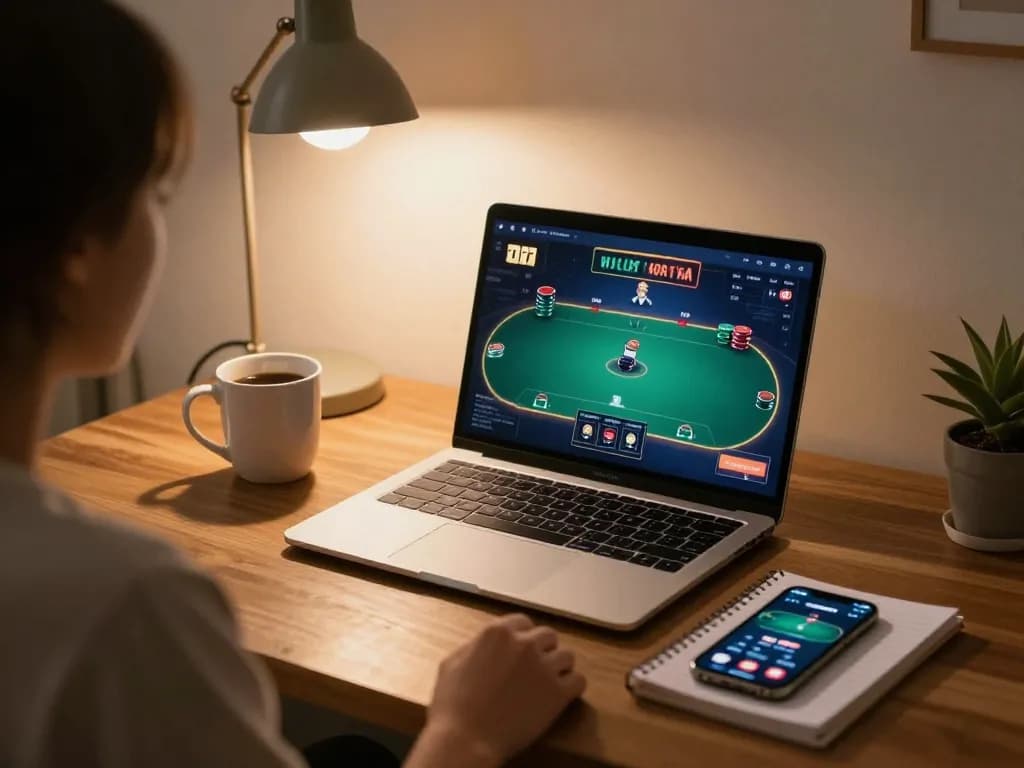 Player using meroope casino app on laptop, engrossed in online poker game