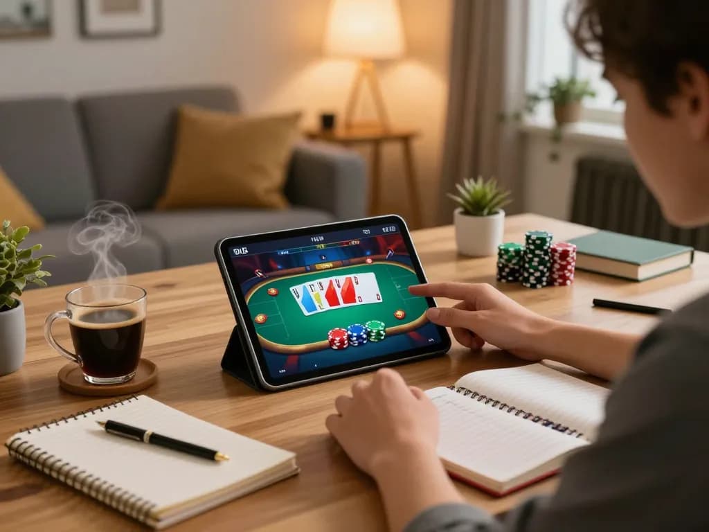 Betting with 99ok poker game on tablet in cozy home office setup, showcasing strategic gameplay.