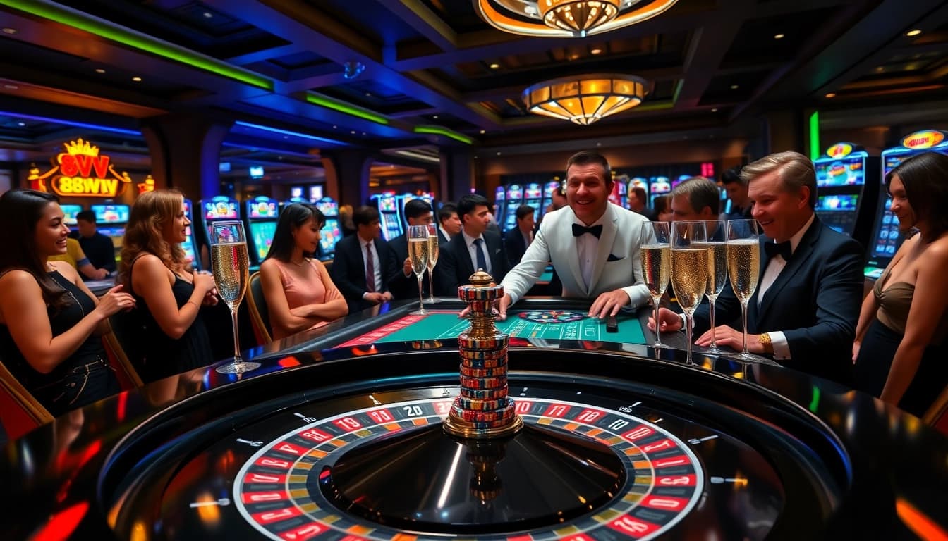 Experience the excitement of high-stakes gambling at 88VV with engaged players and vibrant casino settings.