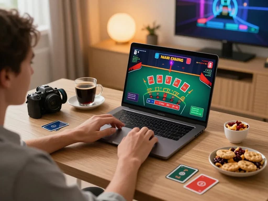 Engaging gameplay on kkwin's blackjack interface displayed on a laptop in a cozy gaming setup.