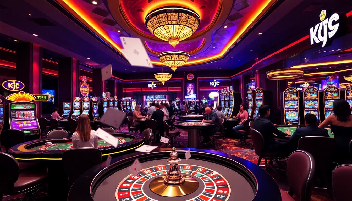KJC casino scene showcasing lively gaming with roulette and poker tables.