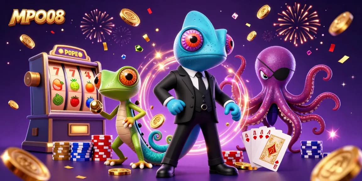 MPO08 enhances the gaming experience with vibrant slot reels and lively casino characters.