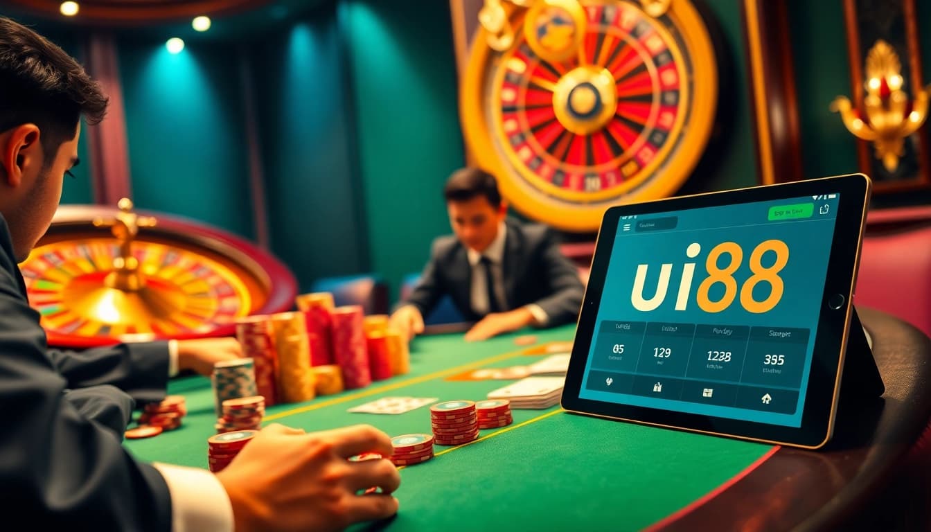 Experience the excitement of uu88 with gamblers at an elegant poker table, surrounded by vibrant casino elements.