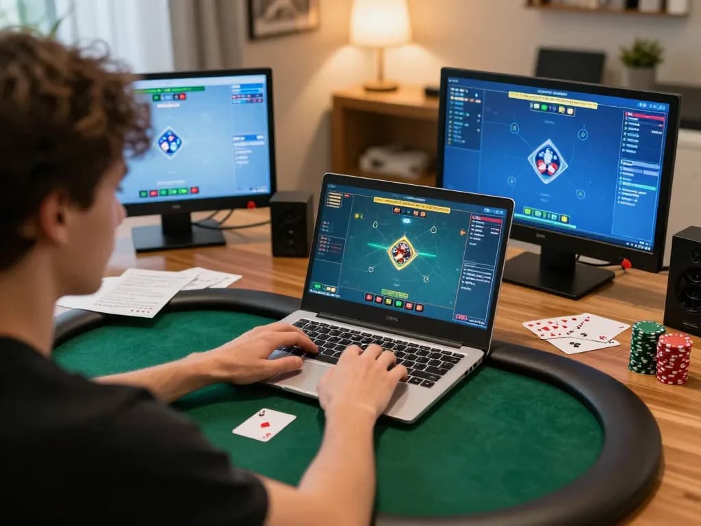 Player engaged in an online poker game on a laptop, exemplifying strategic play with 789 in focus