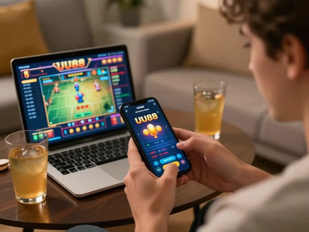 Engaging with the UU88 casino app on a smartphone in a cozy setting while enjoying online gaming.