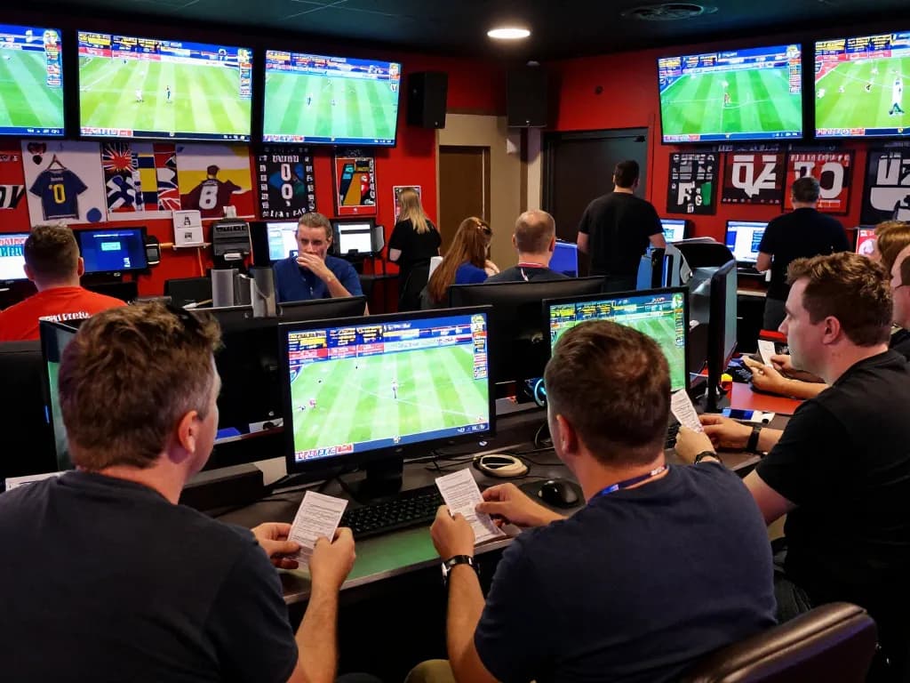Sbobet sports betting scene showing excited bettors analyzing live odds and discussing strategies