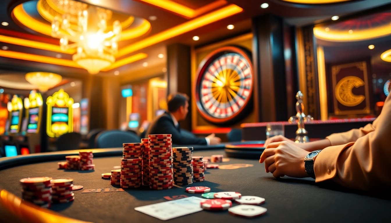 Experience the thrill of gambling at 88vn’s luxurious casino, featuring poker tables, slot machines, and roulette wheels.