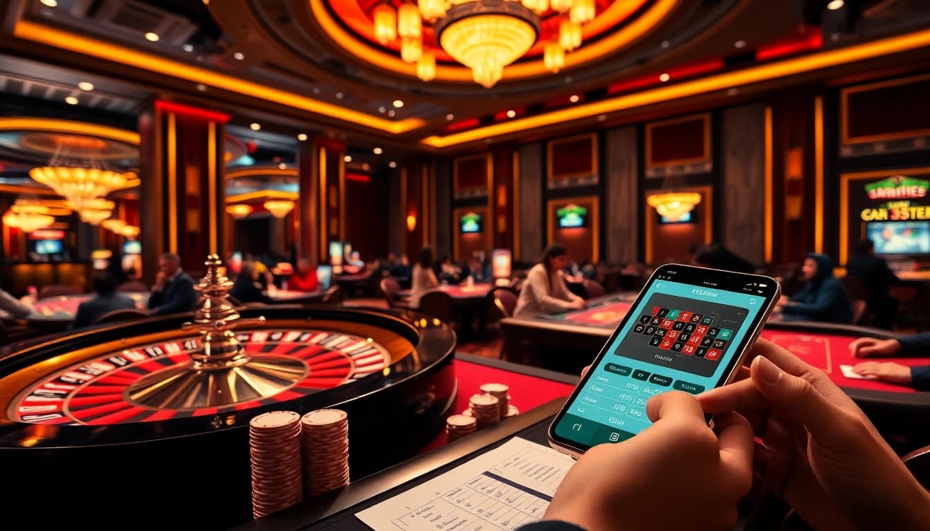 Các tay chơi KO66 đang đặt cược một cách chiến lược tại một bàn poker đầy phấn khích trong một sòng bài sôi động.