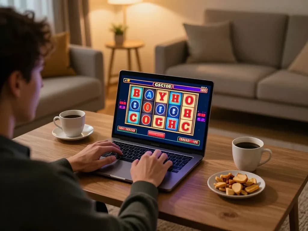 Engaging gameplay on Gsc108 casino slots at home with cozy lighting and snacks.