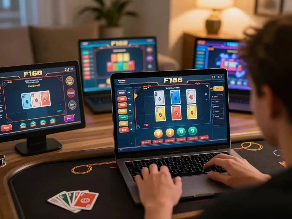 Person engaging with the F168 online gaming platform while strategizing games at home