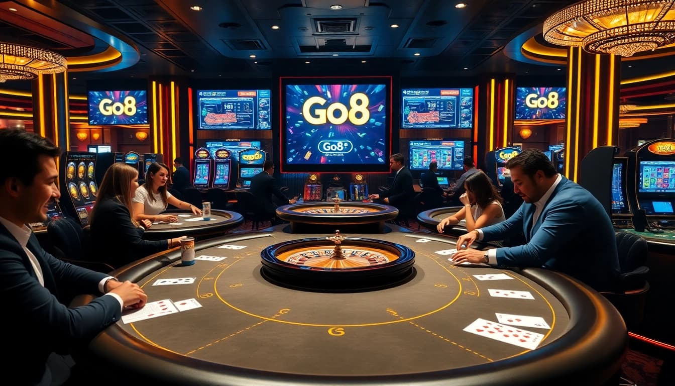 Experience the excitement of Go8 with vibrant poker tables and luxury casino elements.