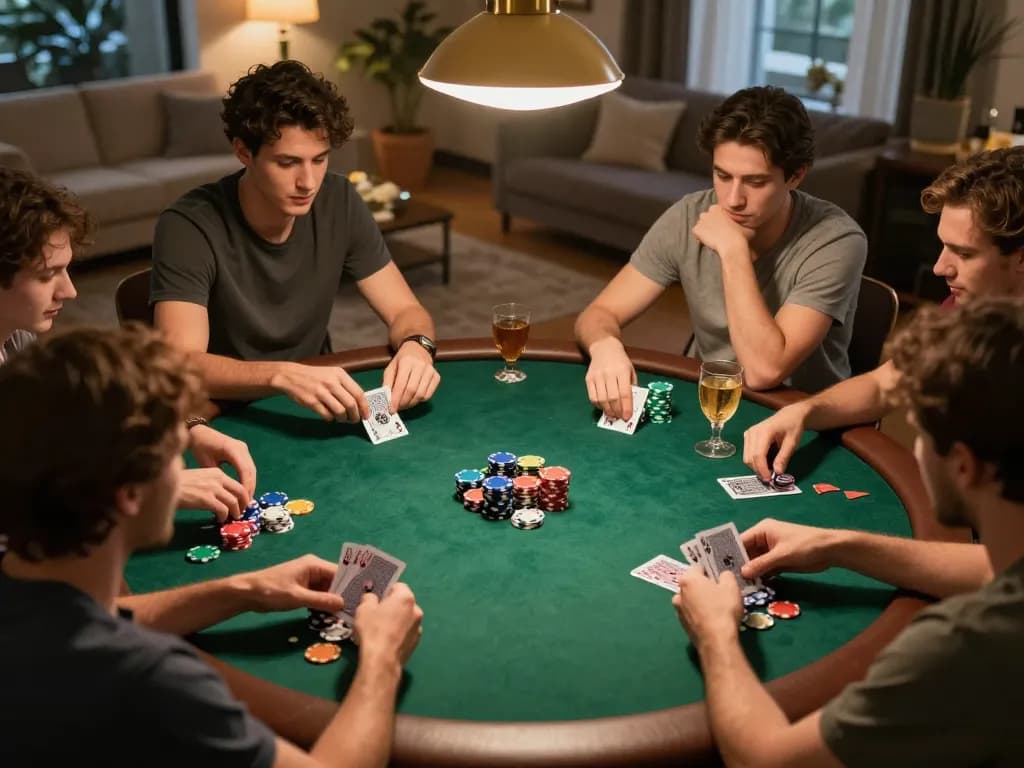 Friends enjoying a lively poker game night with sunwin stakes involved, showcasing camaraderie and strategy.