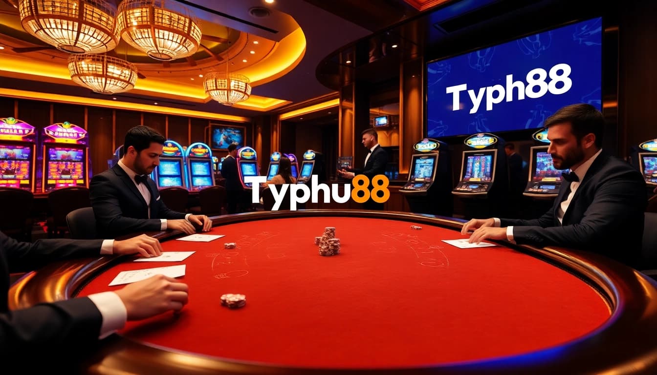 Excited players engage in a high-stakes game at Typhu88's luxurious casino.