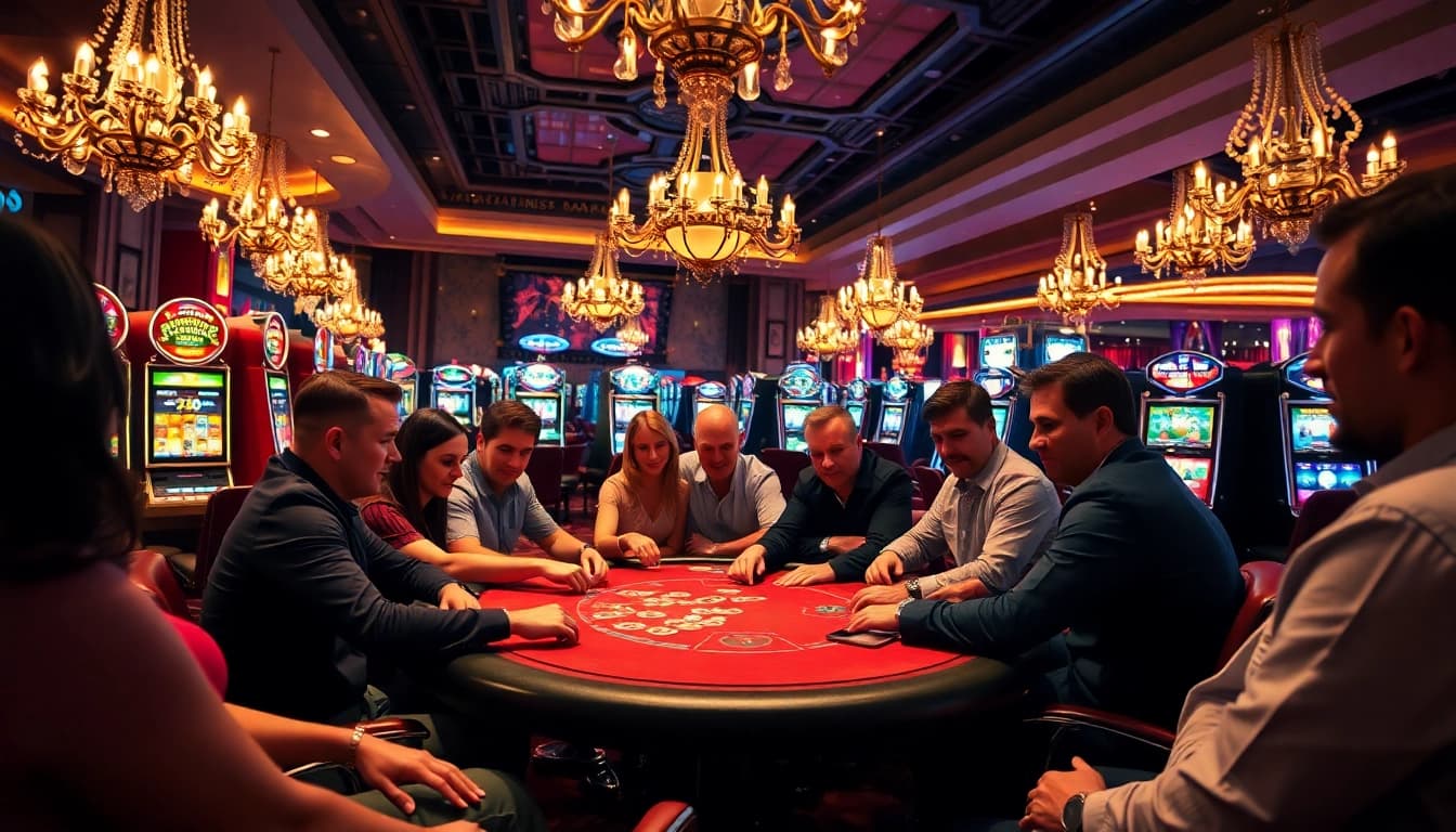 Aksi menarik dalam permainan link sbobet di kasino, menampilkan pemain poker yang bersemangat.