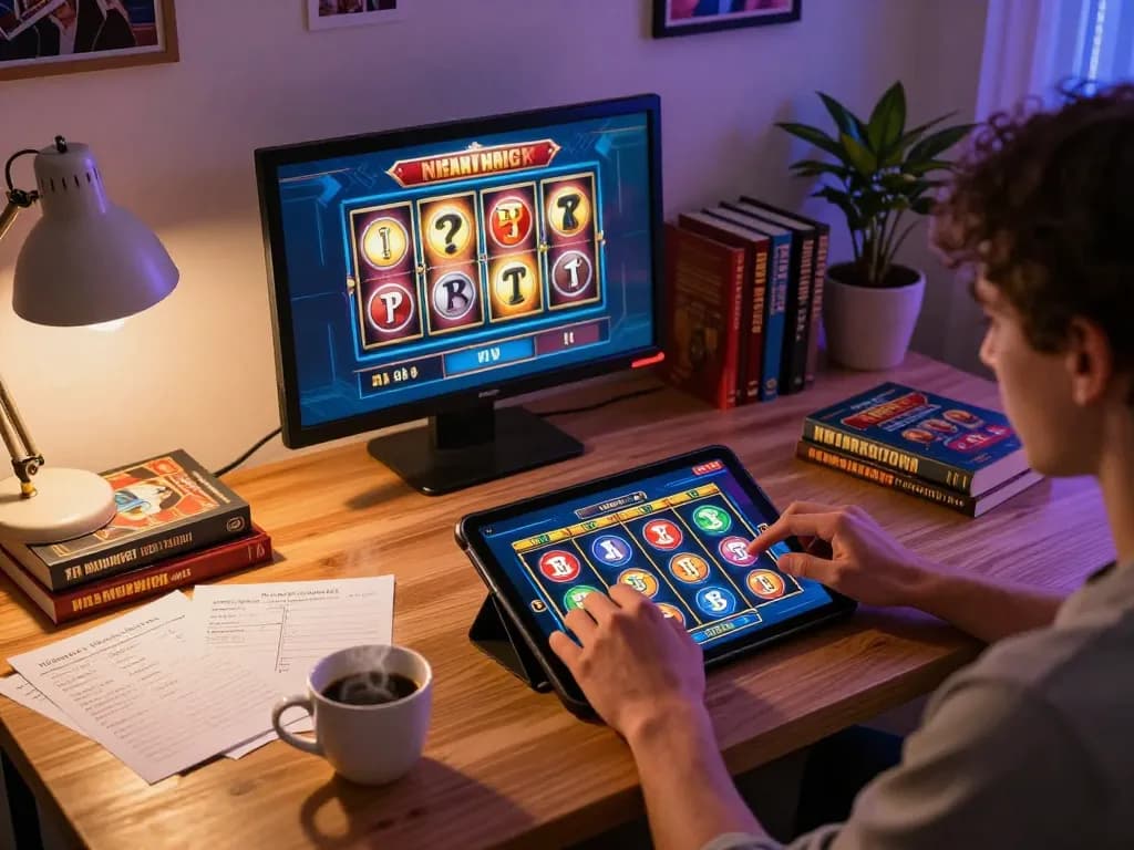 Terlibat dalam permainan online, seorang pemain menjelajahi harga toto slot di tablet mereka, menunjukkan gameplay yang imersif.