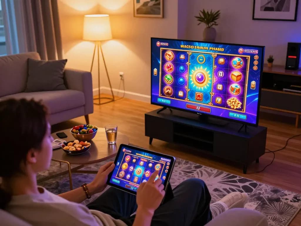 Engaging online pokies Australia gameplay on tablet in a cozy home setting with warm ambiance