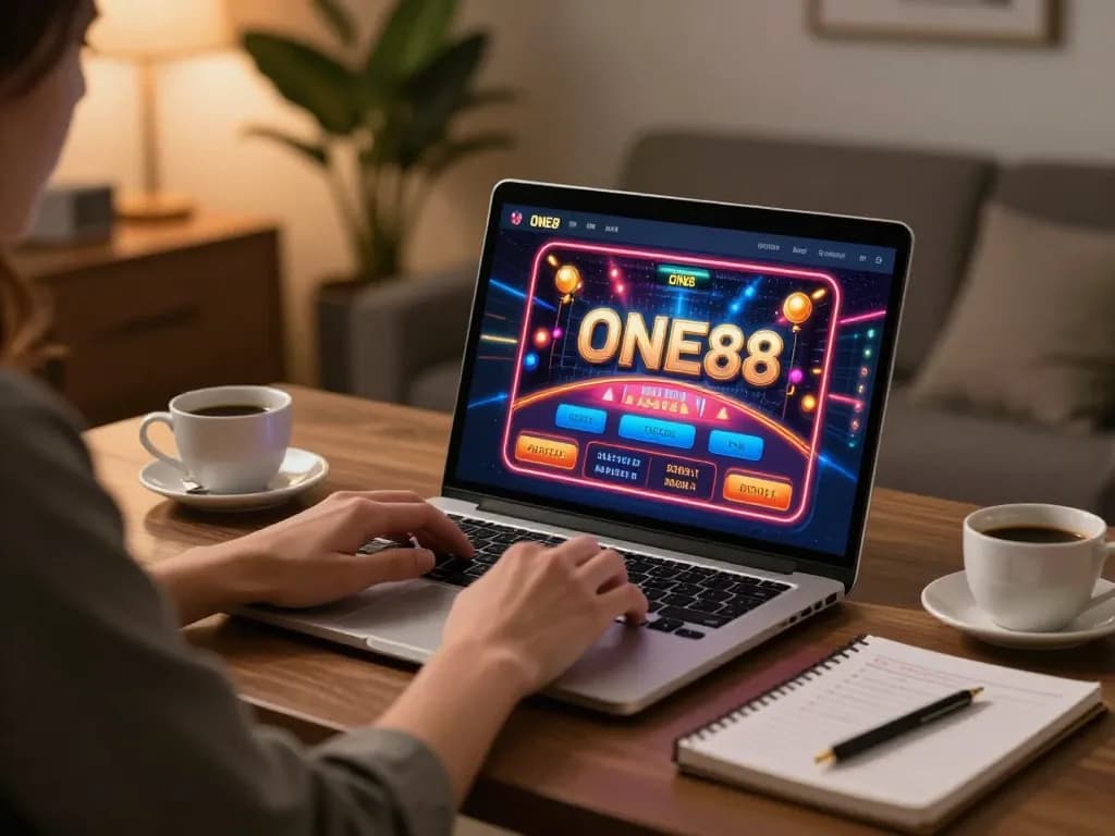 Engaging in strategic online betting on ONE88 with a laptop at a stylish home office