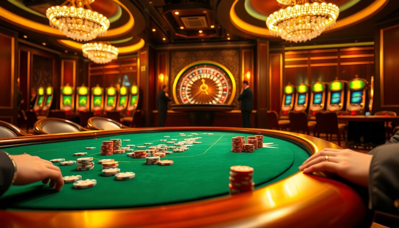 Players strategize on poker tables while reveling in high-stakes games at TR88 casino.