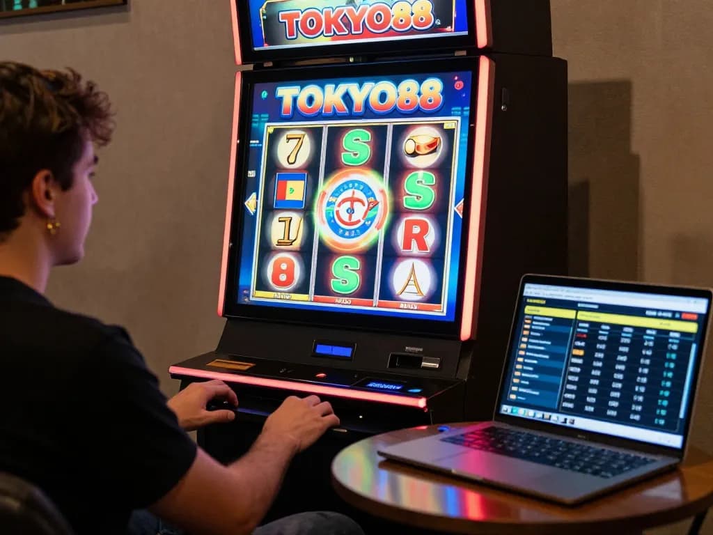 Pemain TOKYO88 menikmati putaran kemenangan di mesin slot online yang berwarna-warni.