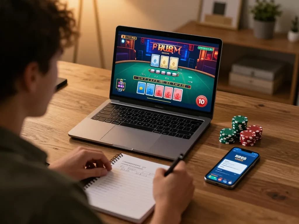Engaging in online gaming with the RR88 app, a player strategizes at their home office desk.