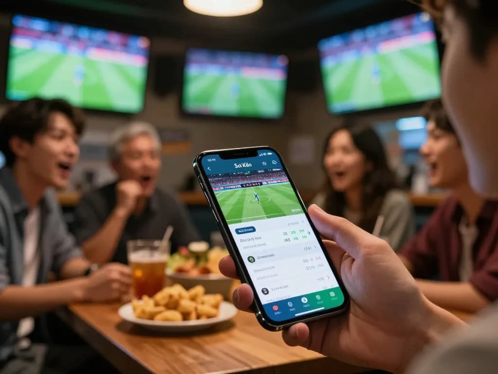 Soi Kèo mobile sports betting action in an energetic sports bar atmosphere showcasing live match excitement.