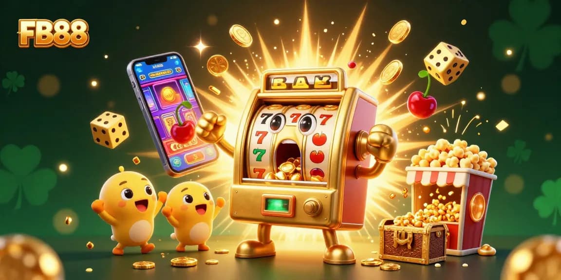 FB88 celebrates big wins as its cartoon slot machine hits a jackpot while coins pour out.