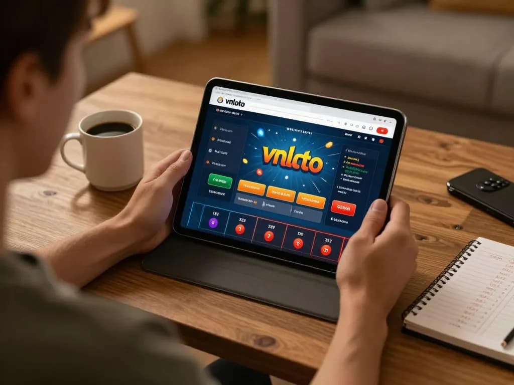 Person engaging in online gaming at the vnloto platform, showcasing responsible gambling practices in a cozy home setting.