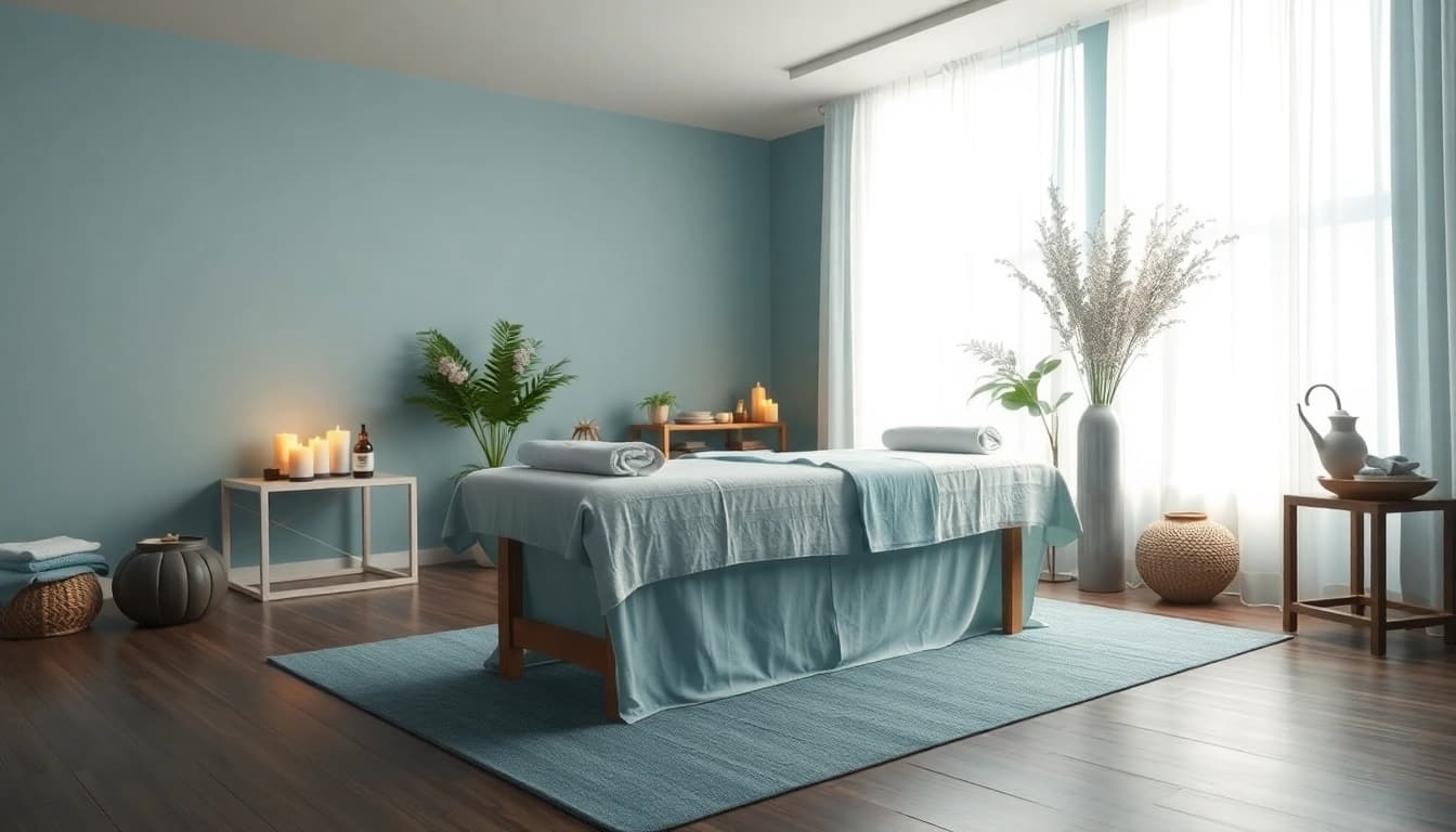 Relaxing scene of a massage therapy room promoting 동탄출장마사지 services, featuring calming decor and soft lighting.