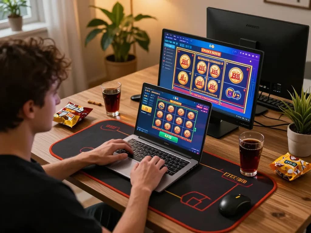 Player engaging in LV88 online casino gaming with a laptop and cozy home setup.