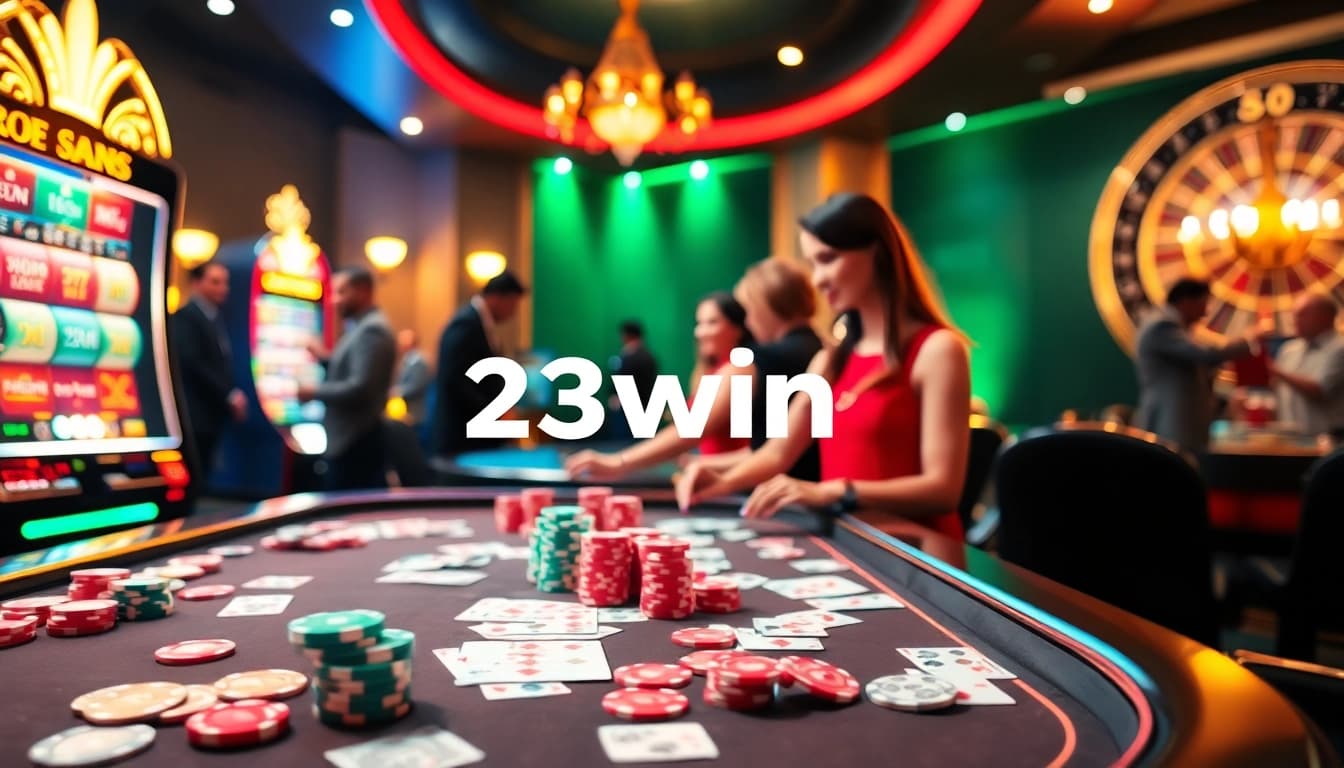 Exciting gameplay at a luxury casino highlighting 23win with poker chips and vibrant slot machines.