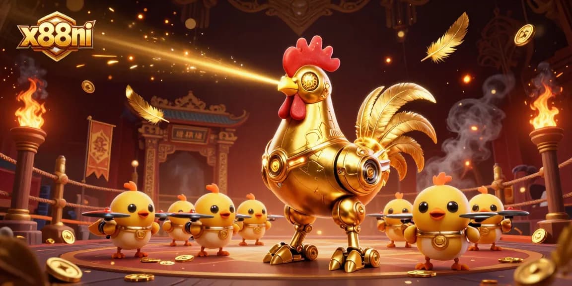 Play exciting games on x88ni with a futuristic rooster robot and baby chick drones.