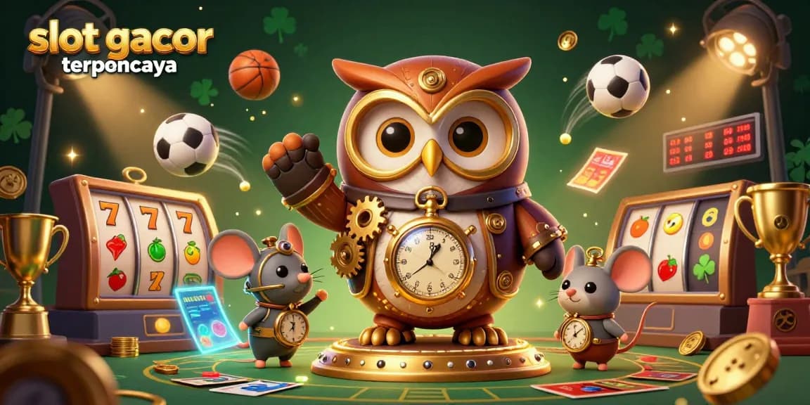 Engage with slot gacor terpercaya in this vibrant 3D casino illustration showcasing slot reels, characters, and dynamic sports elements.