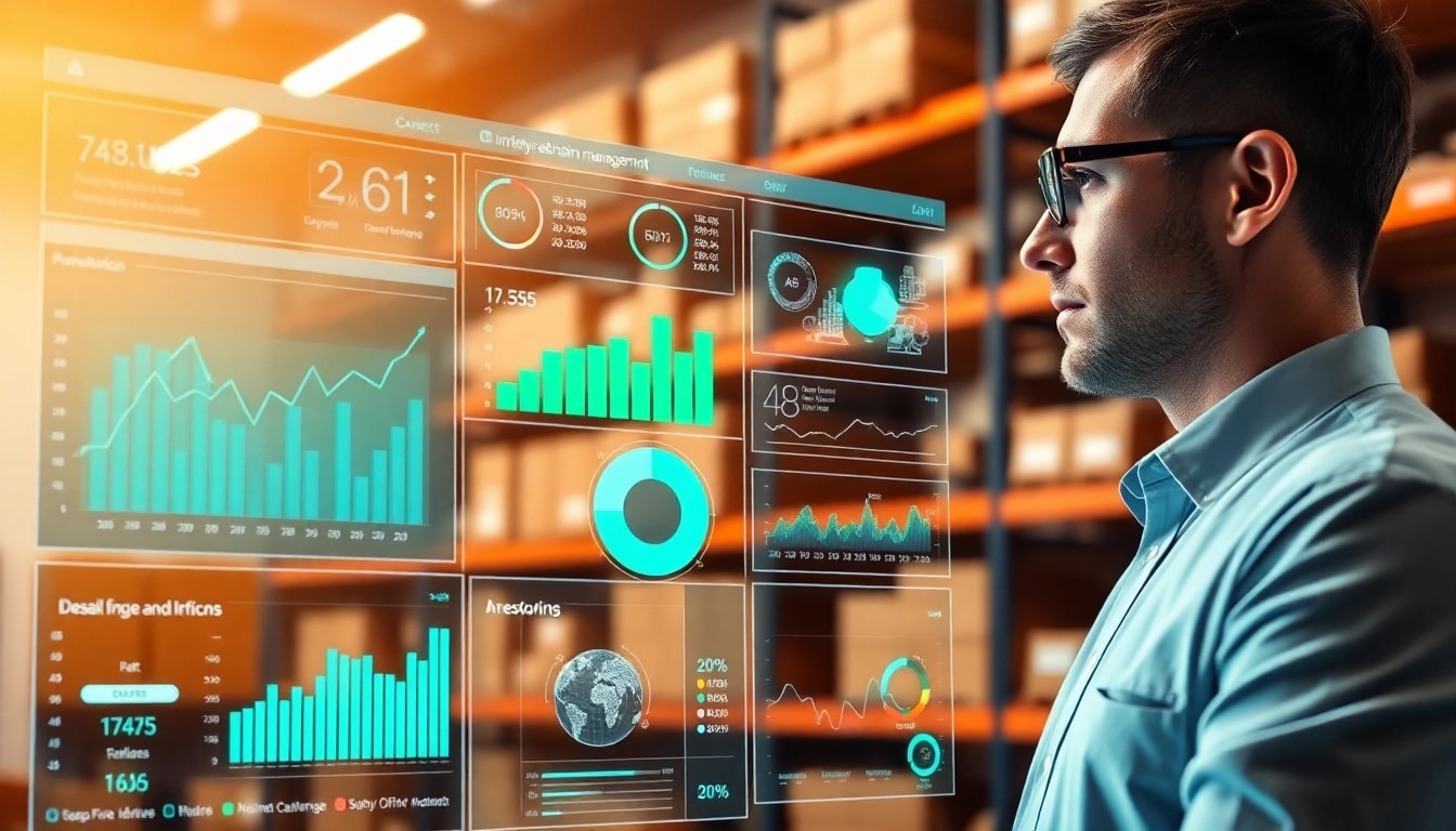 Engaging scene of AI supply chain management with a data analyst using a futuristic dashboard interface.