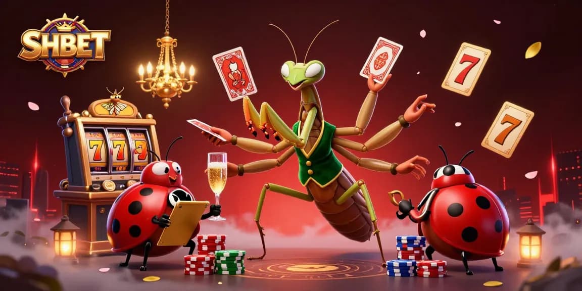 SHBET features a dynamic 3D scene with a mantis card sharp and ladybug pit boss amidst vibrant casino elements.