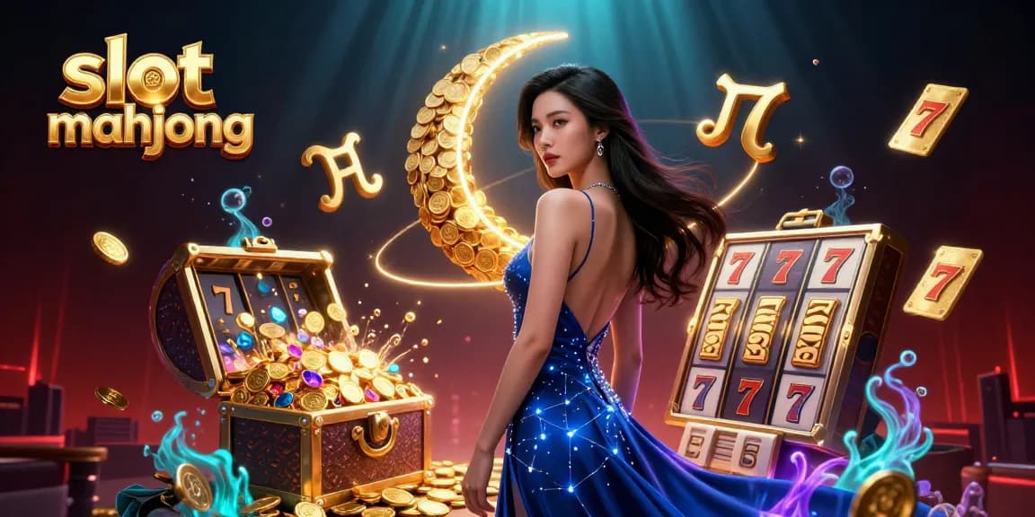 Play slot mahjong with stunning visuals and dynamic game elements featuring gold coins, slot reels, and a captivating character.
